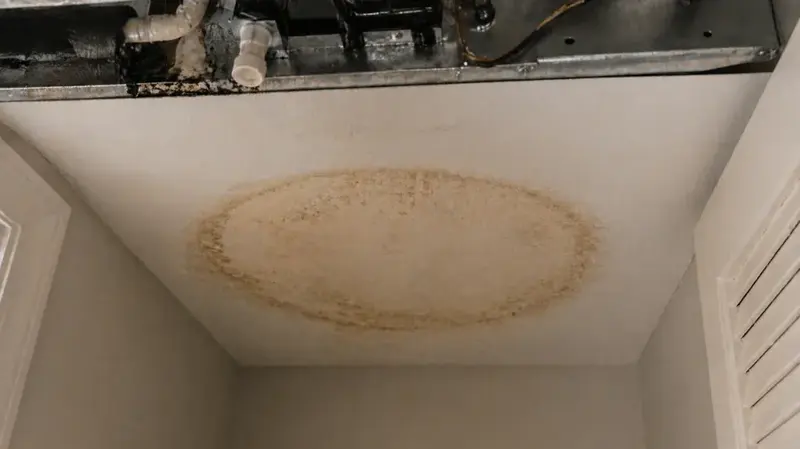 Ceiling stained by an AC condensate leak in a Cypress, TX home