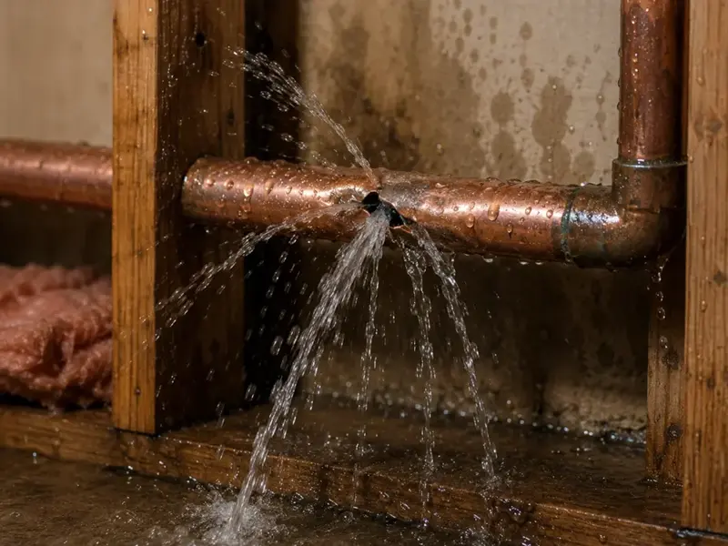 Burst supply pipe leaking water in a Cypress, TX house