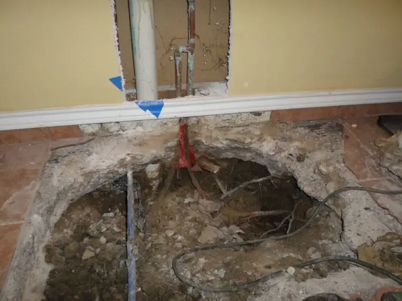 Flooring pulled up to reach a slab leak in a Cypress, TX home